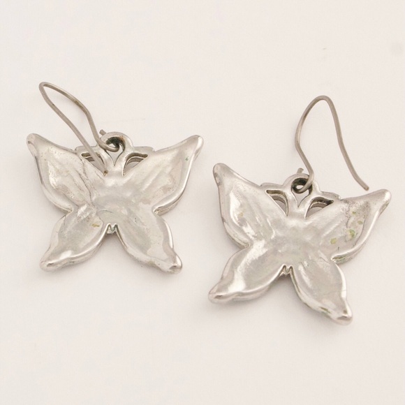 Abalone Shell Inlay Butterfly Dangle Earrings Silver Tone - Picture 3 of 4